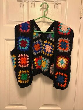 Handmade Black Crochet Granny Square Vest with Multicolor Accents